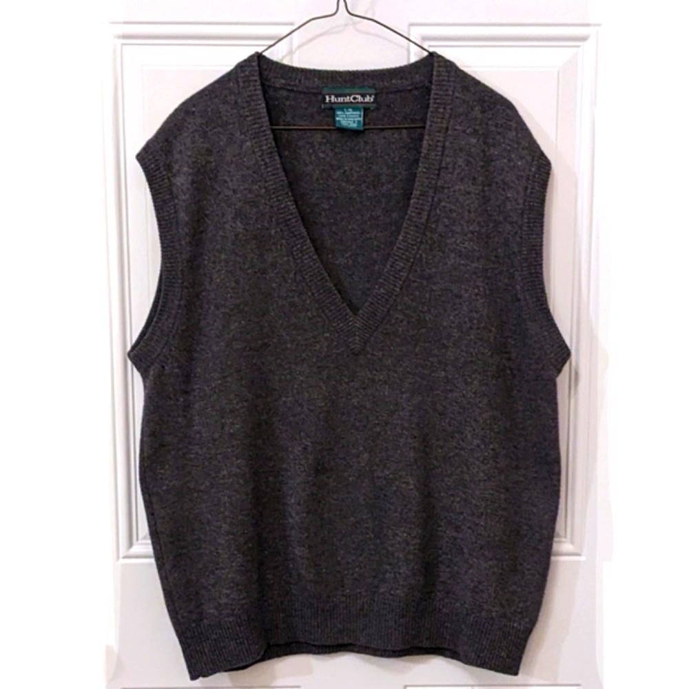 Vintage Lambswool Gray Knit V-neck Vest by Hunt Club, Large